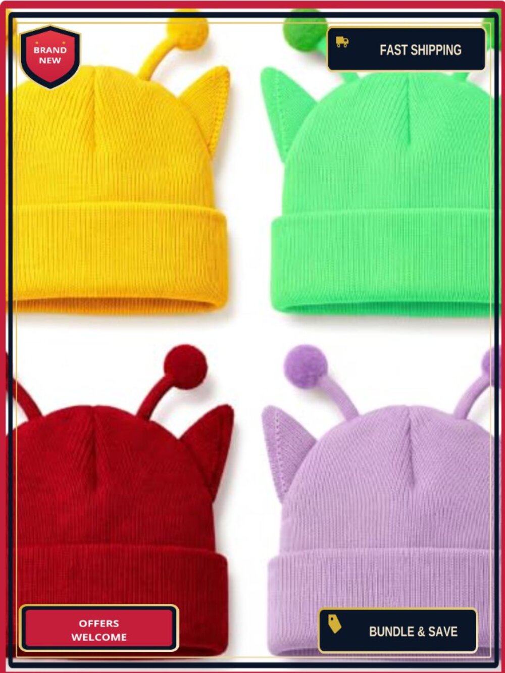 4 Pack Knit Antenna Beanies Halloween Cosplay Ear Hats Winter Warm